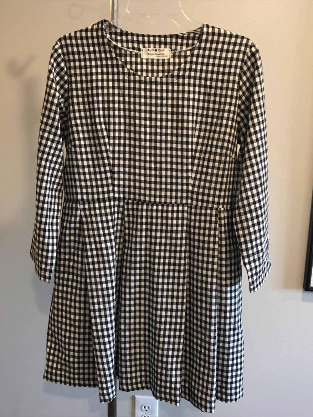 Black and White Gingham Linen Long-Sleeve Dress